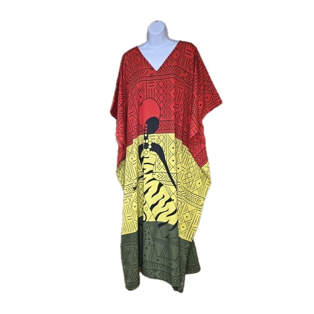 Nwt Kings Road 3 Color Red Green Yellow Jamaican Rasta Woman Kaftan One Size
