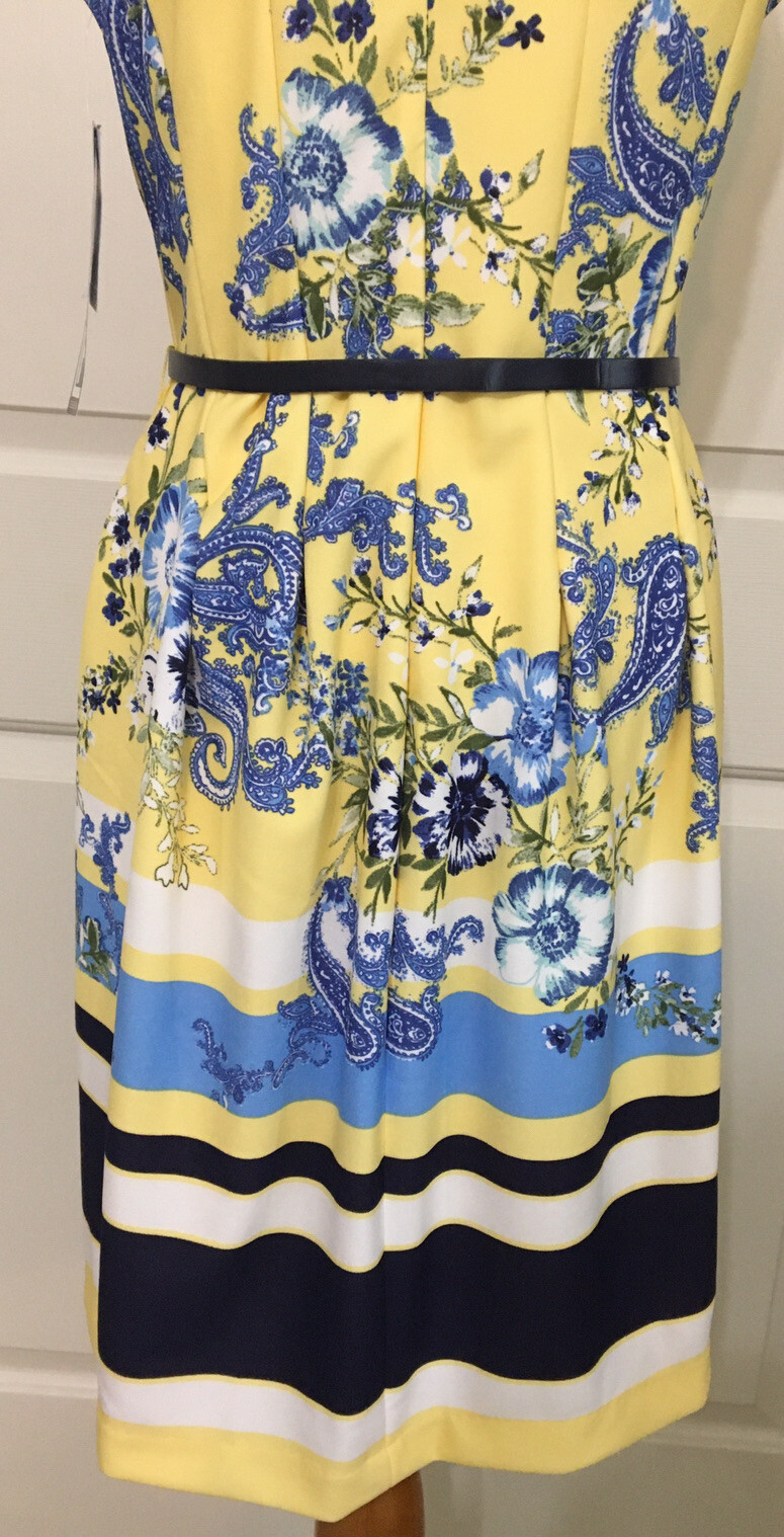 NWT Leslie Fay size 6 yellow blue white floral sleeveless fit and flare dress