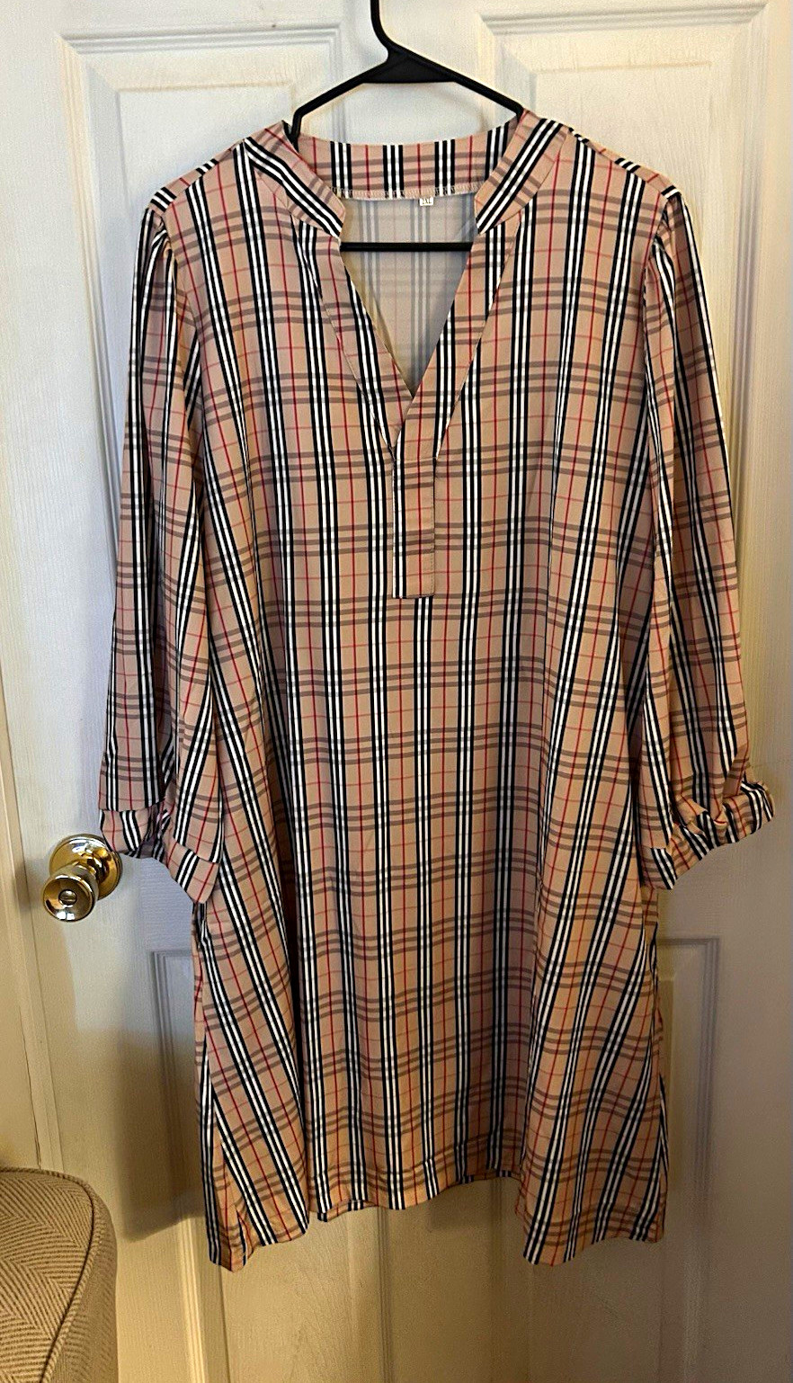 Women’s Plaid V-Neck Shift Dress 2XL Beige/Black/Red/White 3/4 Sleeve Pullover