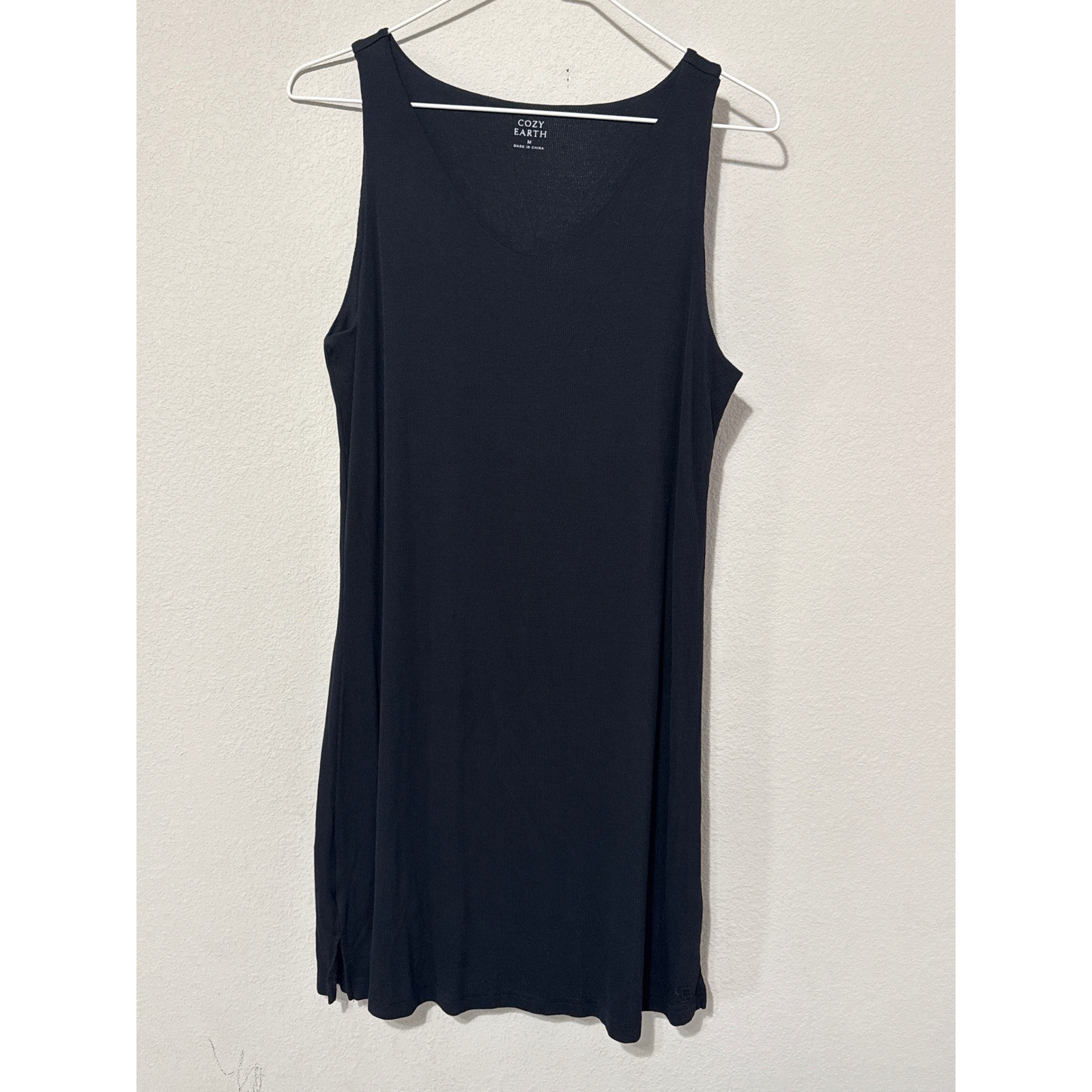 Cozy Earth Tank Dress Womens Medium Black Ribbed Bamboo V-Neck Loungewear