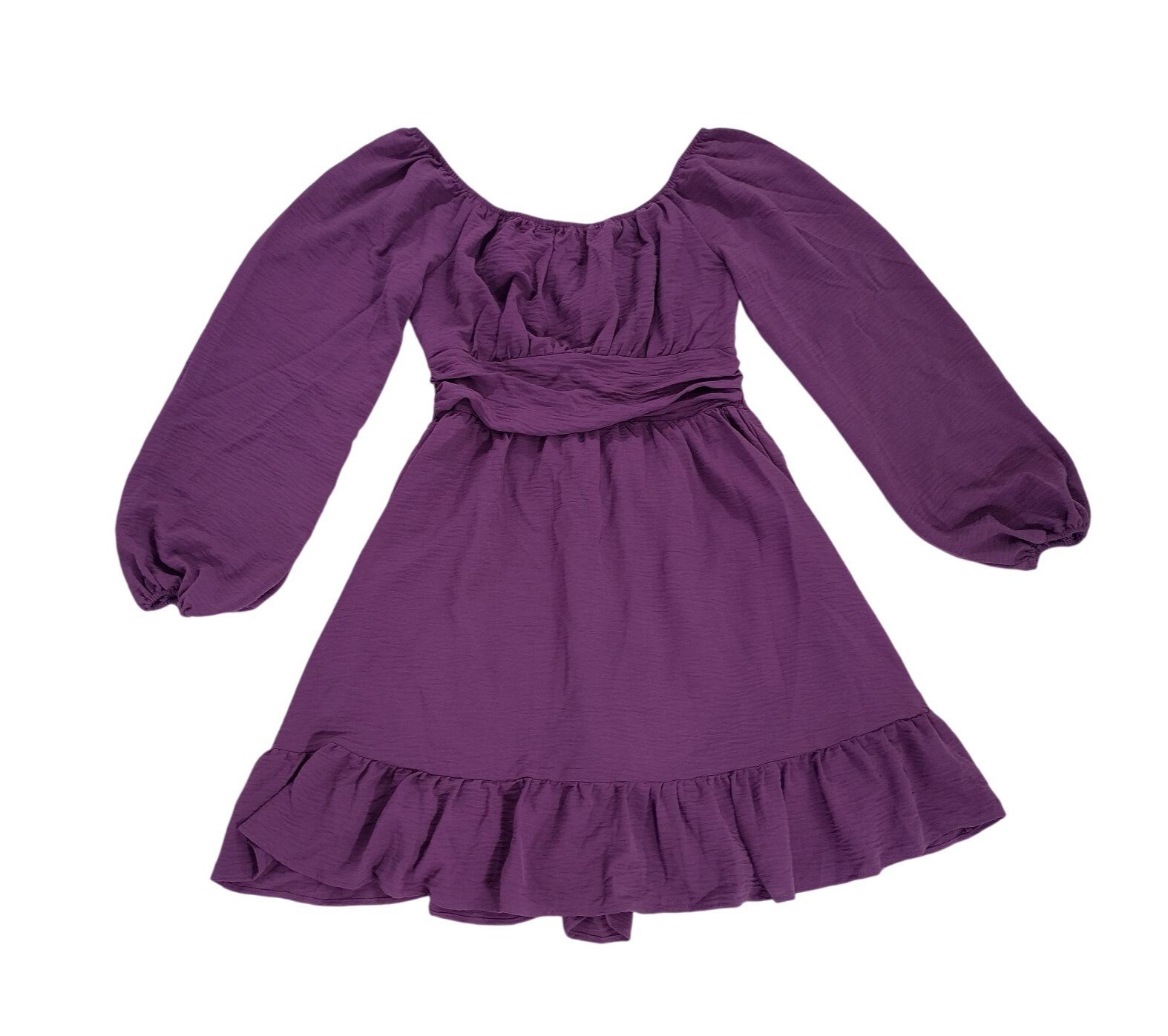 Purple long sleeve dress with bow at back and ruffle at hem, polyester, size M.