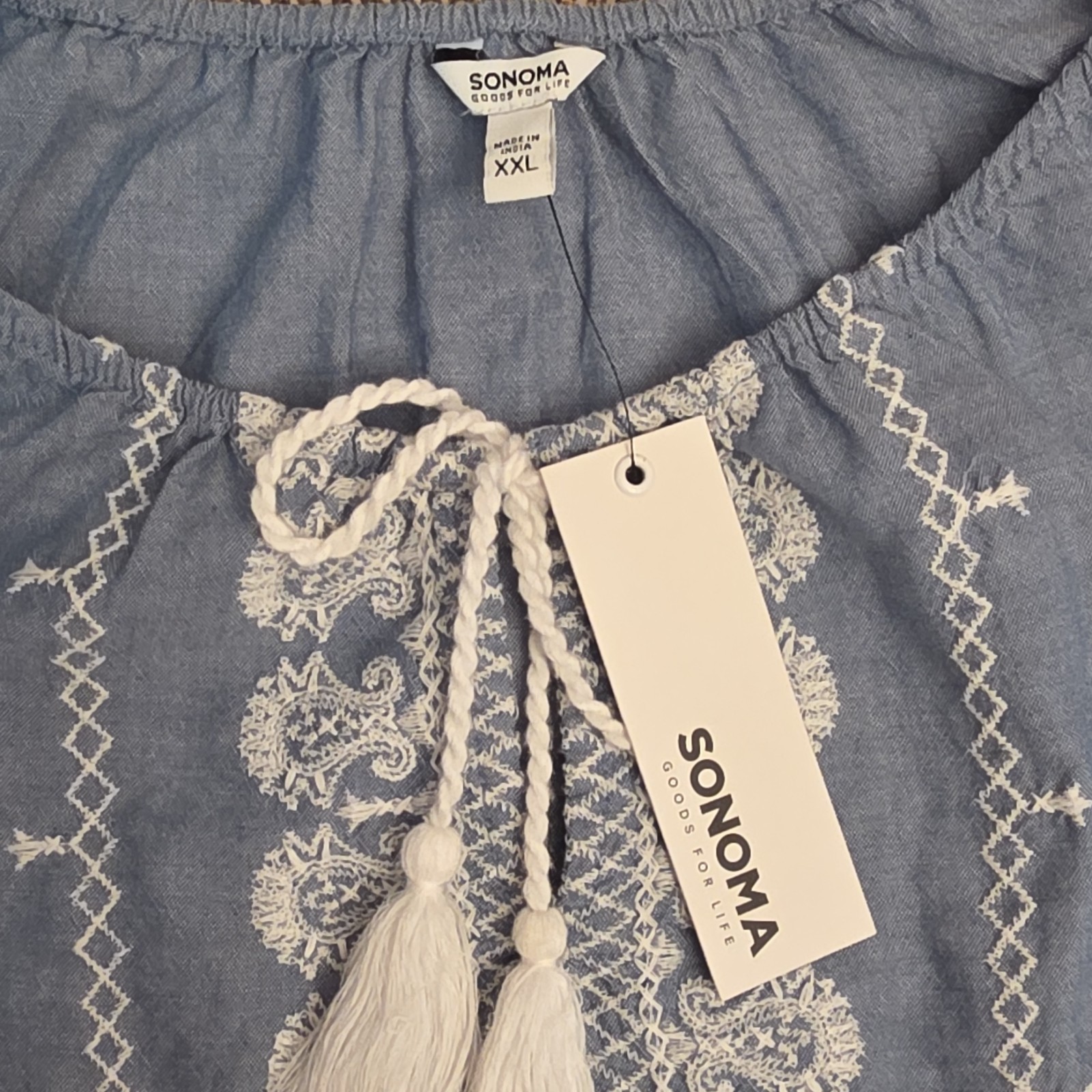 Sonoma Blue Chambray Embroidered Tassel Tie Scoop Neck Shift Knee XXL