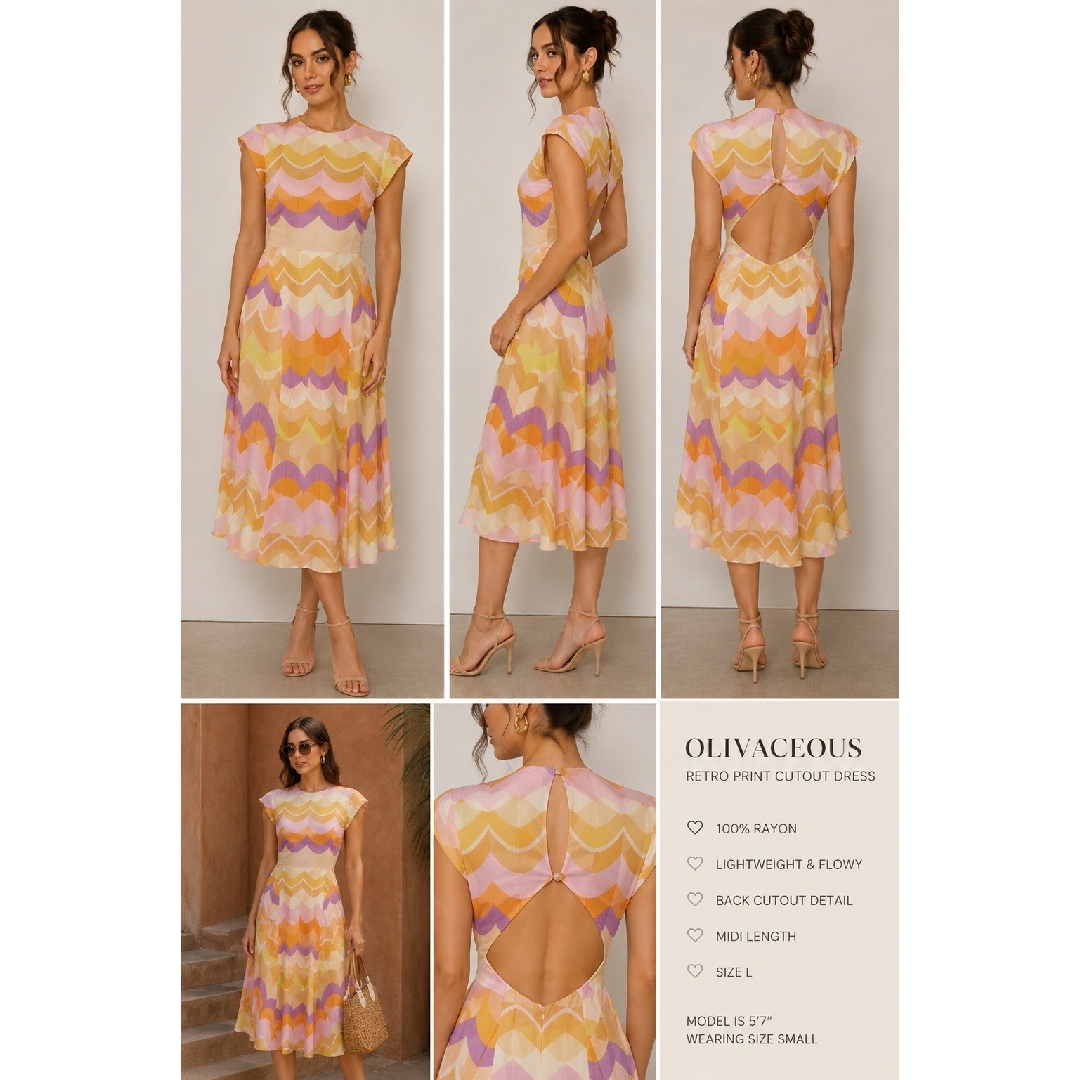 Olivaceous Retro Print Cutout Midi Dress Pink Orange Purple Geometric Size L