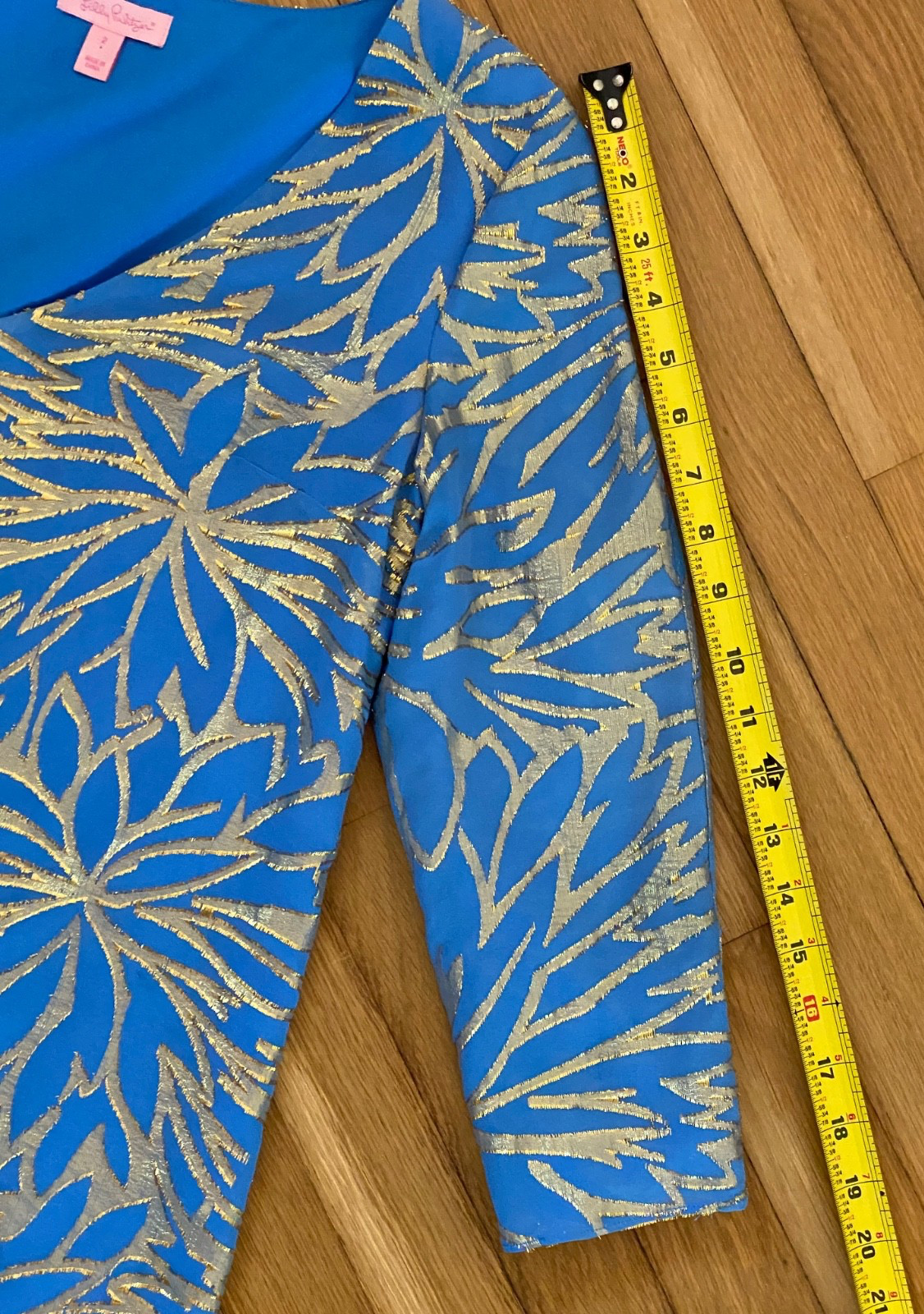 Lilly Pulitzer Siza Two Blue and Gold Thread Miri Silk Long Sleeve Mini Dress