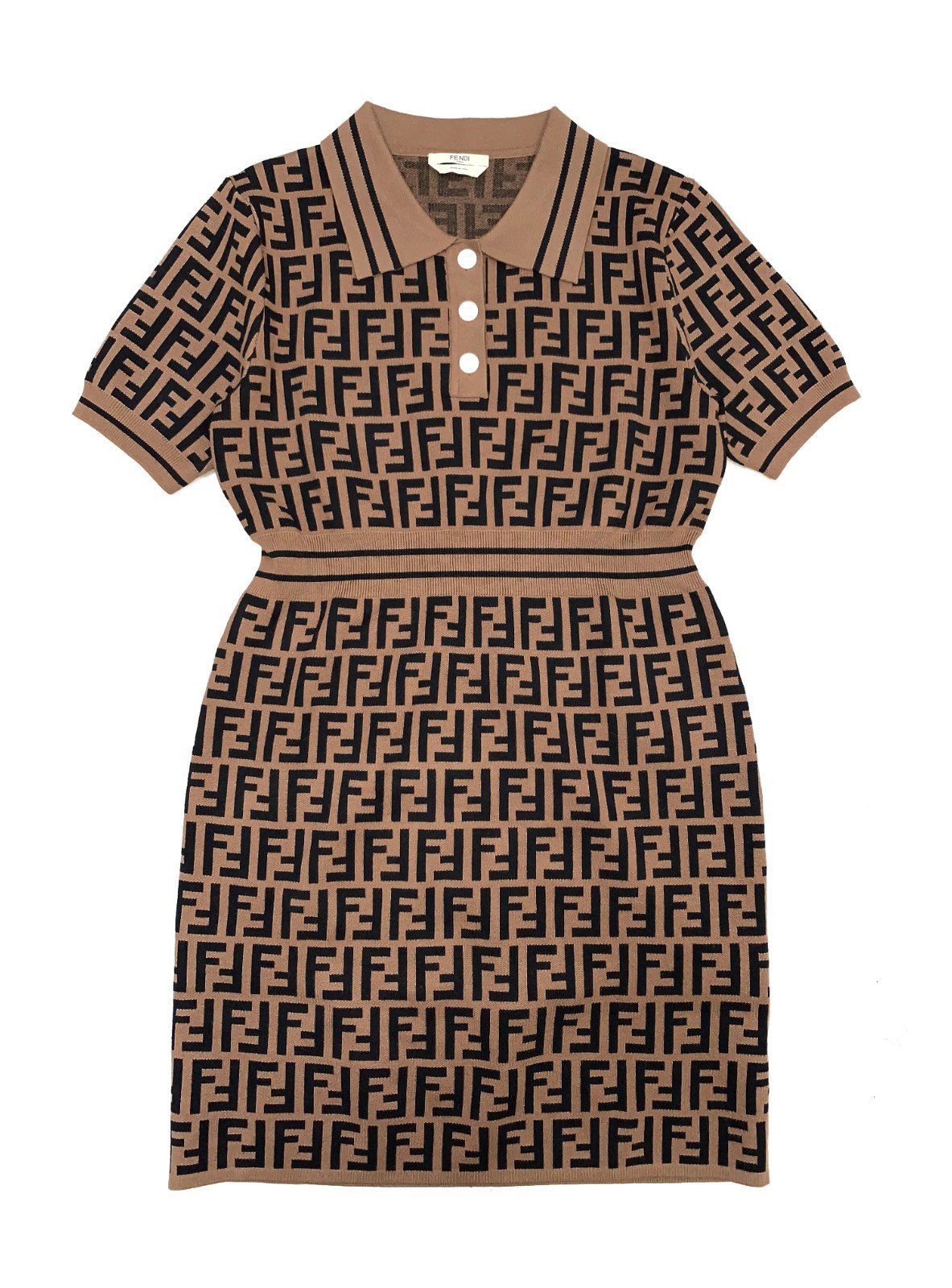 Fendi Zucca FF Monogram Logo Knitted Polo Stretched Dress Brown 38 (S) Size