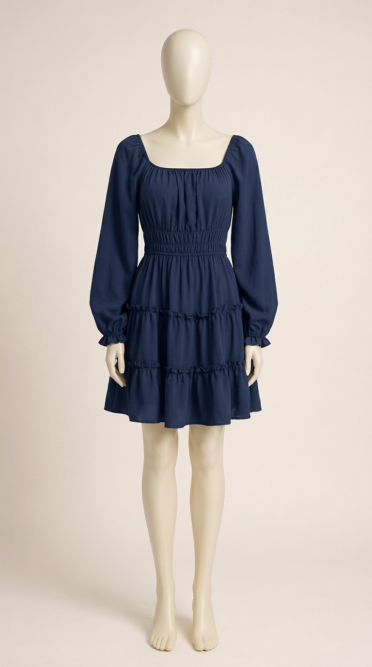 Chicovar Women’s Navy Blue Square Neck Boho Mini Dress Long Sleeve Size L