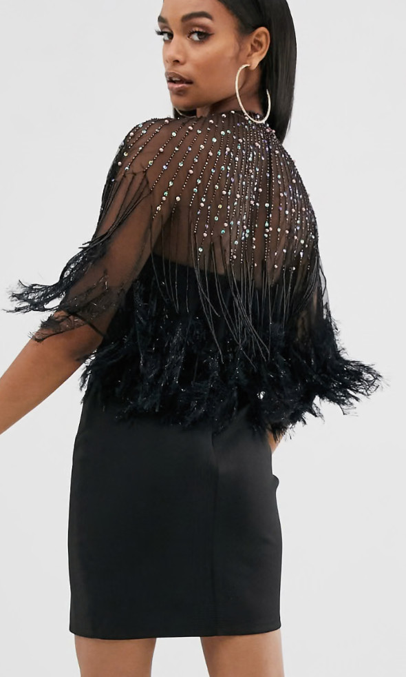 NWT ASOS DESIGN Black Faux Feather Beaded Cape Mini Halter Dress Sz 6