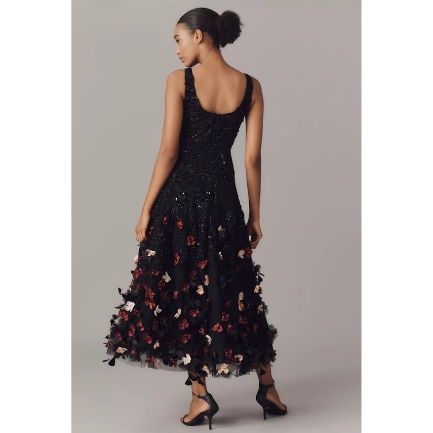 NEW Mag Duggal Sequin Floral Appliqué 3D FlowersBlack Midi Dress Size 10