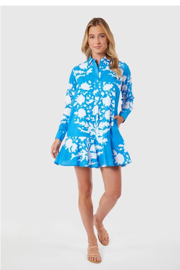 LIVRO Polly Mini Dress Tuff’s Blue Bouquet A-Line Shirt Dress Women’s Size Large