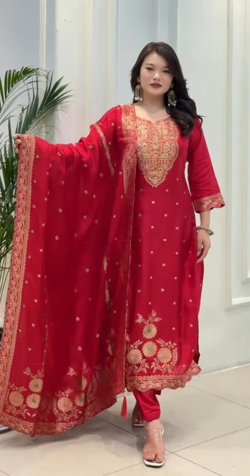 Women’s Red Banarasi Kurta Pant Dupatta Set Embroidered Suit
