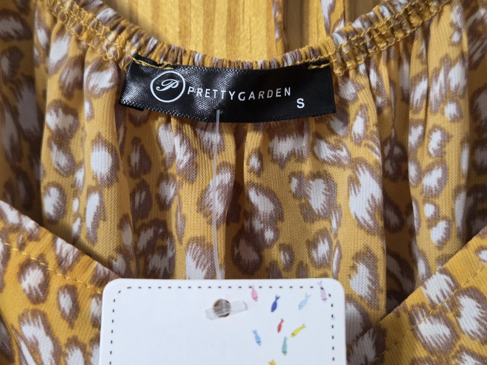 PRETTYGARDEN Dress Womens Small Yellow Leopard Smocked Puff Sleeve Maxi Boho NWT