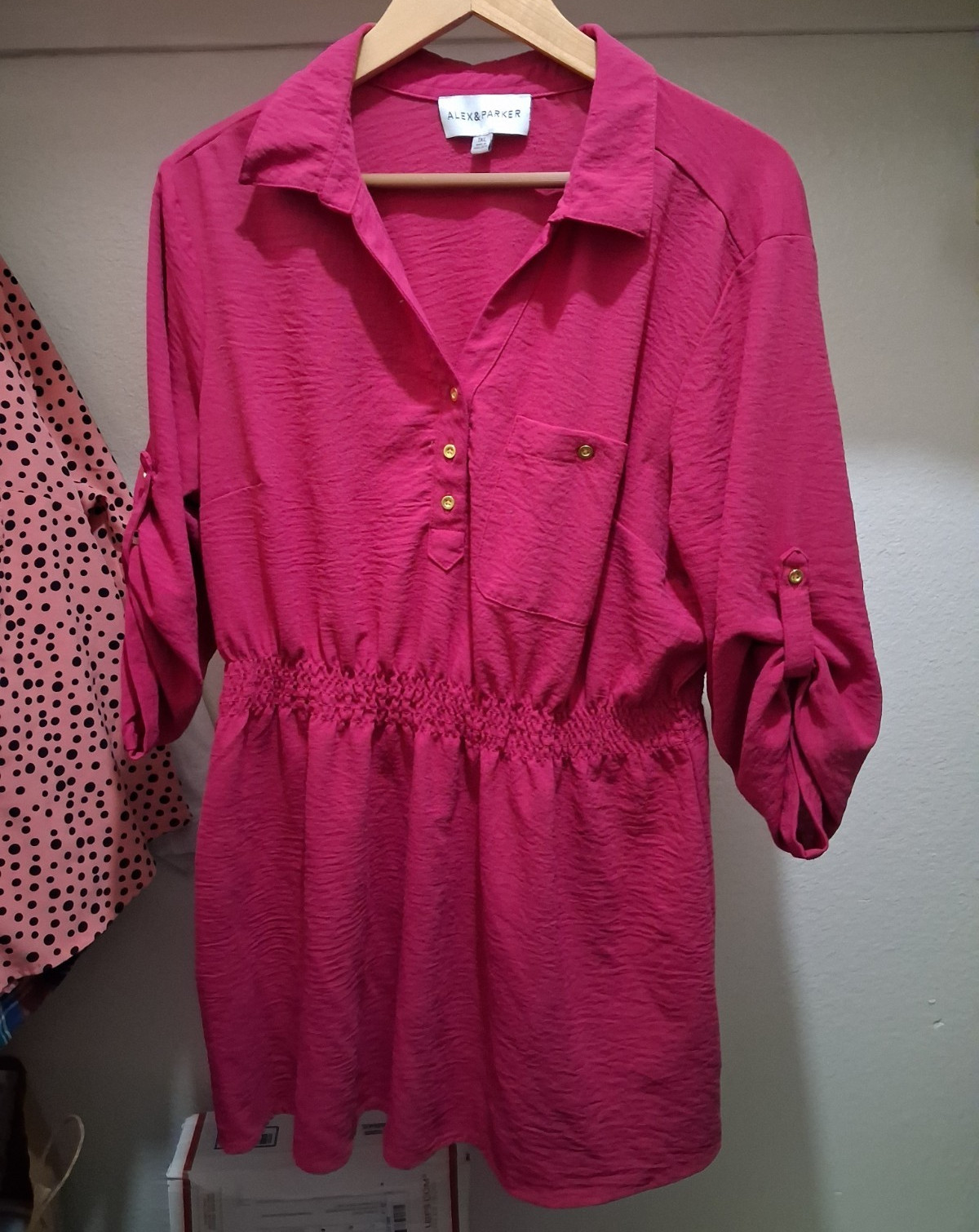 ALEX & PARKER Pink Solid Shirt Dress 1XL Plus Collared Button Front Roll Tab