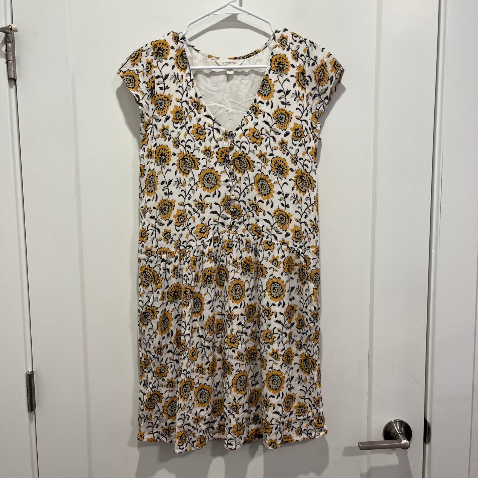 Garnet Hill Floral V-Neck Mini Dress Yellow Black 100% Lenzing Ecovero XS