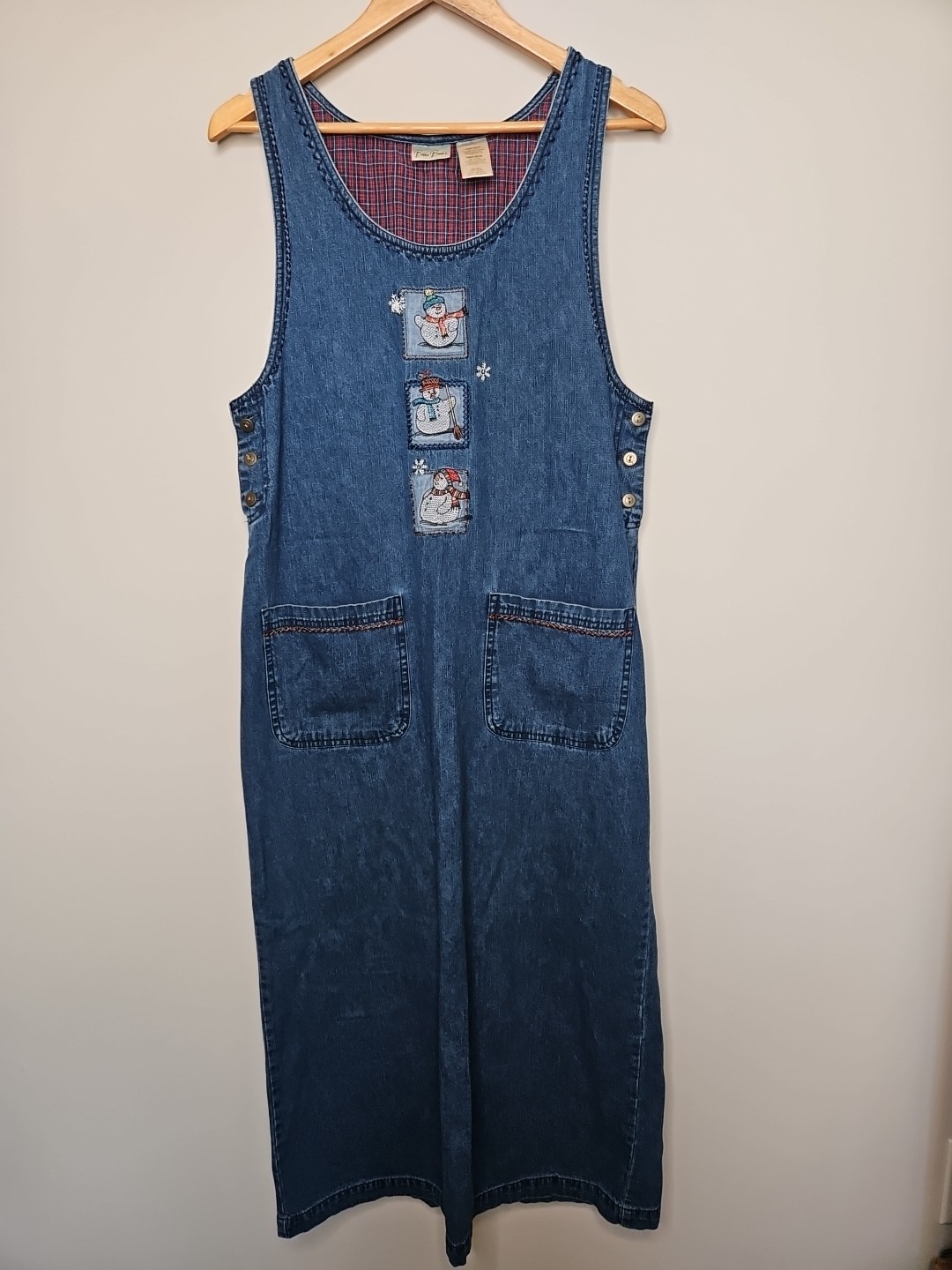 Bobble Brooks Blue Jumper Dress M Snowman Embroidered Button Granniecore Modest