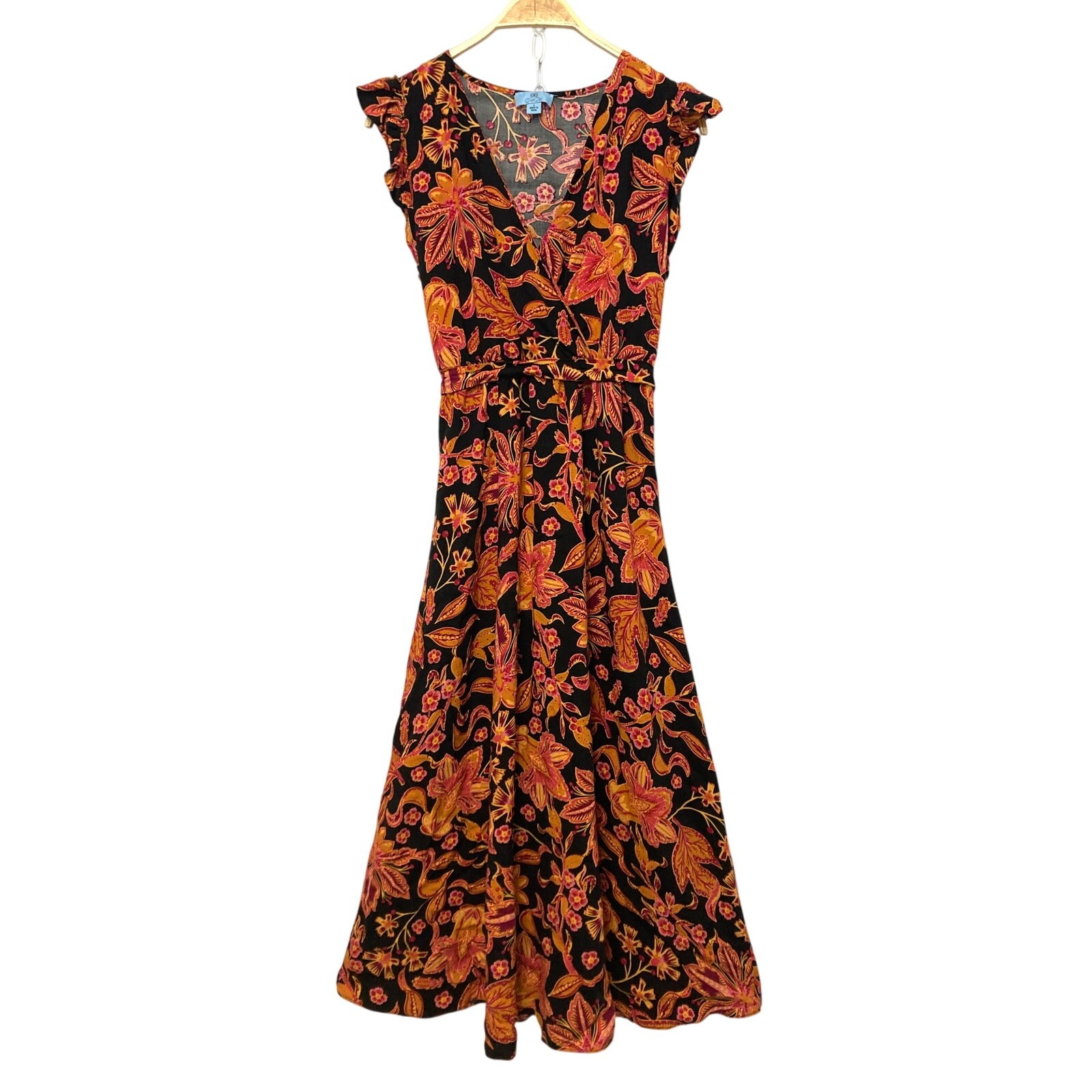NWT CeCe Beachy Romance High Tide Wrap Short Sleeve Black Red Midi Dress Small