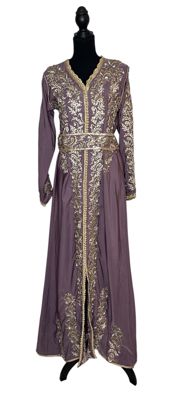 Embroidered Long Caftan Dress in Mauve with Gold Trim