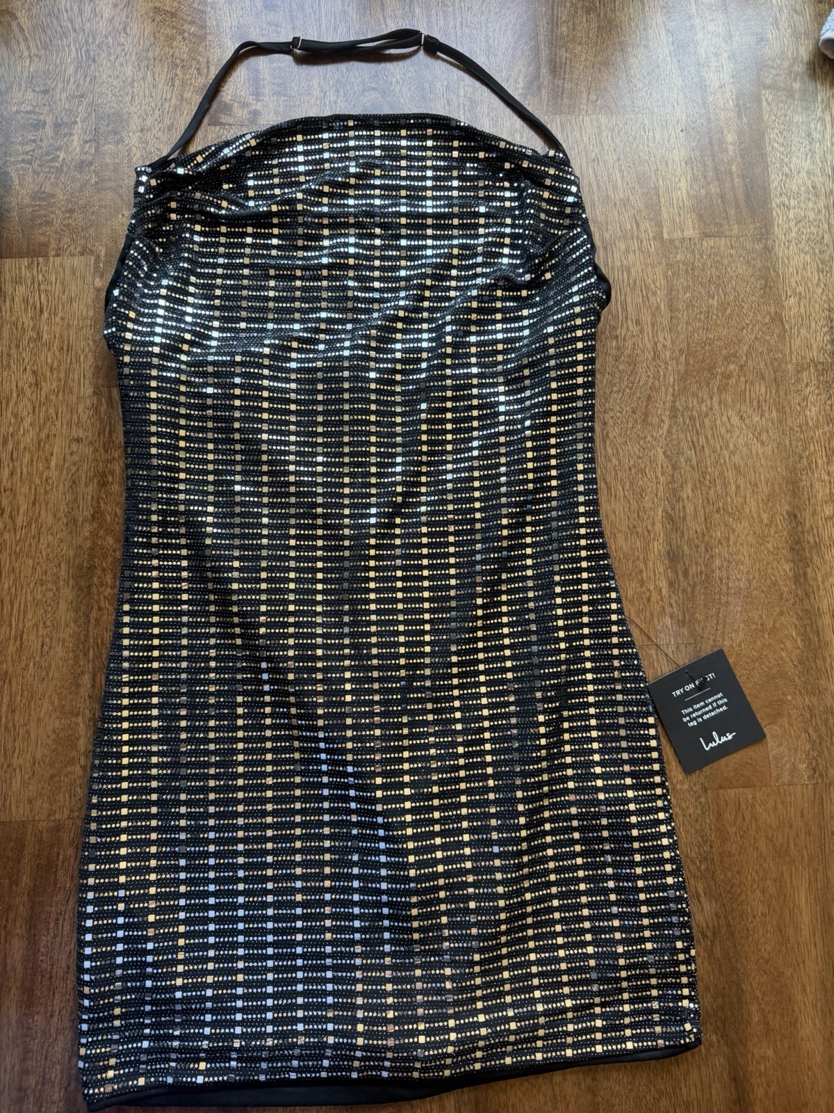 Lulu’s Totally Mesmerizing Shiny Black Sequin Cowl Mini Dress, NWT, L