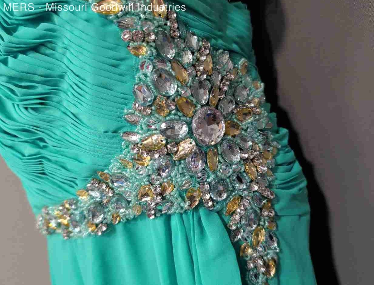 May Queen Womens Green GN017Y1027 Solid Polyester Beaded Gown Dress