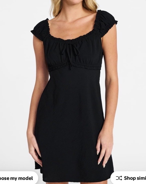 M Black Short Ruffle Sleeve Square Neck A-Line Dress Women Tie Casual