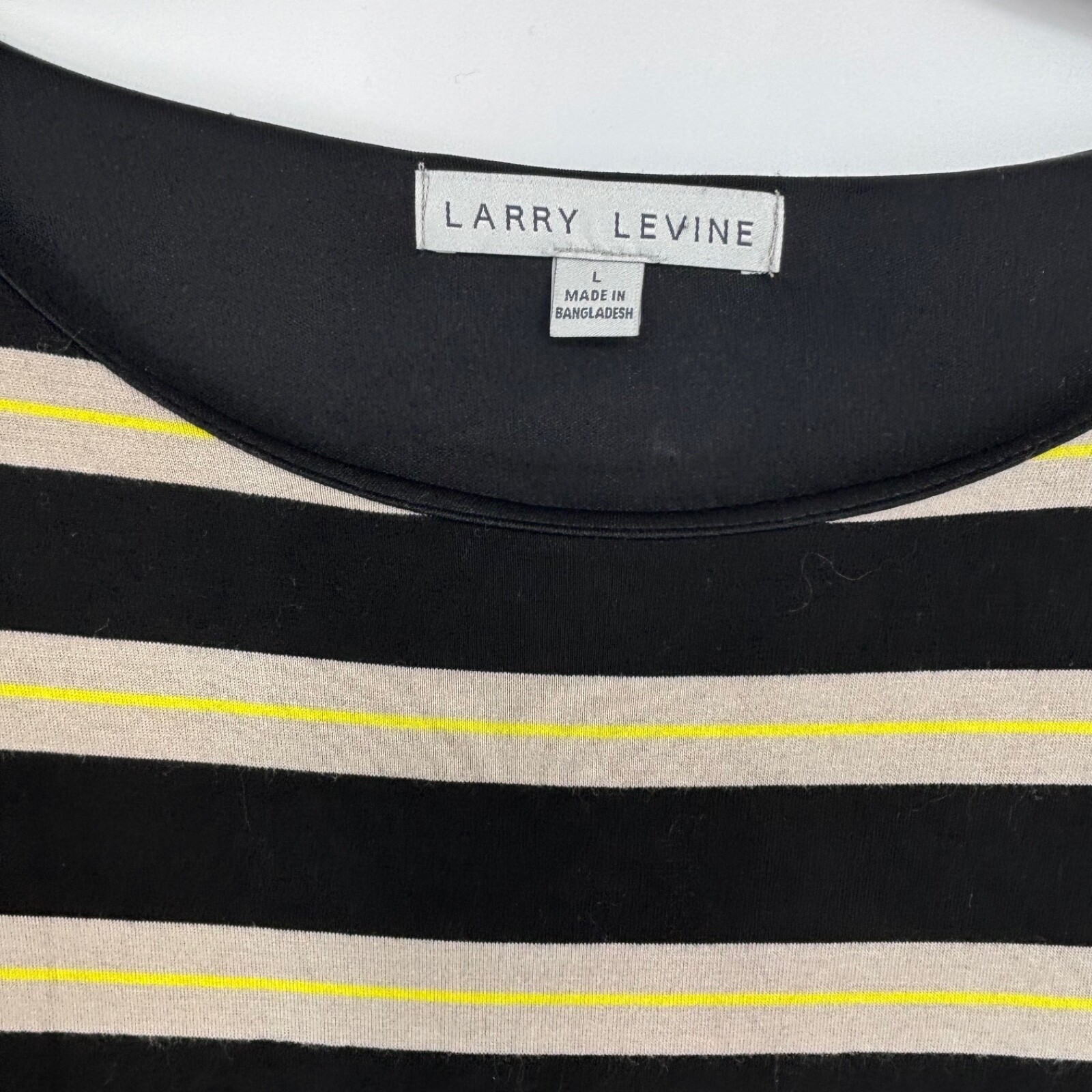 Larry Levine Womens Large Knit Dress Black Beige Yellow Stripes Long Sleeve Knee