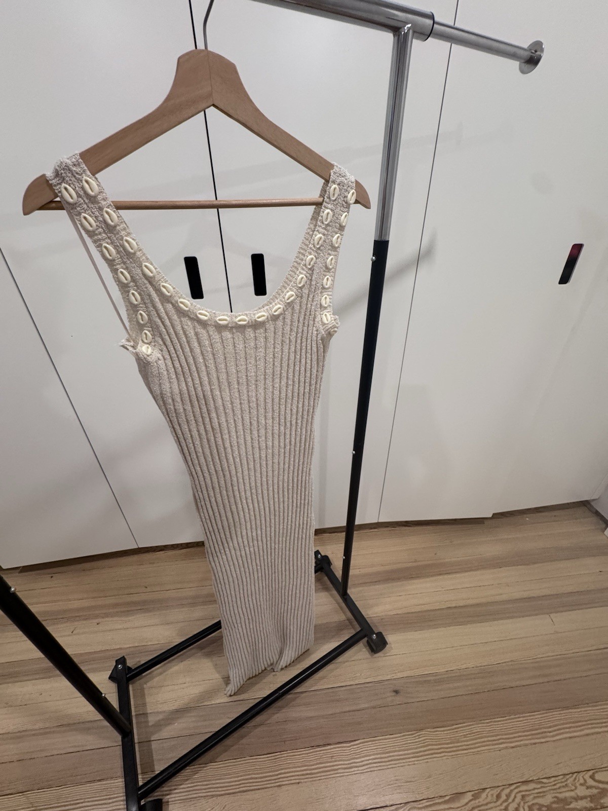 NWT Able Los Angeles Ribbed Knit Midi Dress Cowrie Shell Trim Beige Women’s M