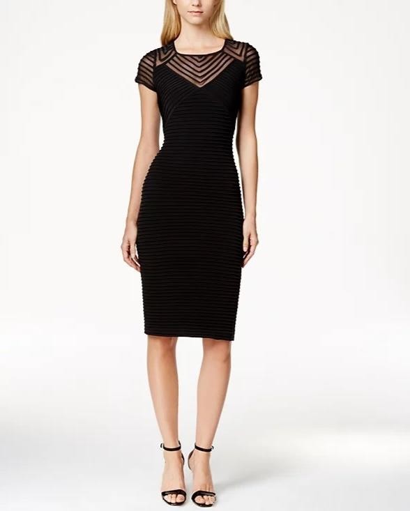 CALVIN KLEIN Striped Cap Sleeve Scoop Neck Illussion Sheath Evening Dress, 2/2P