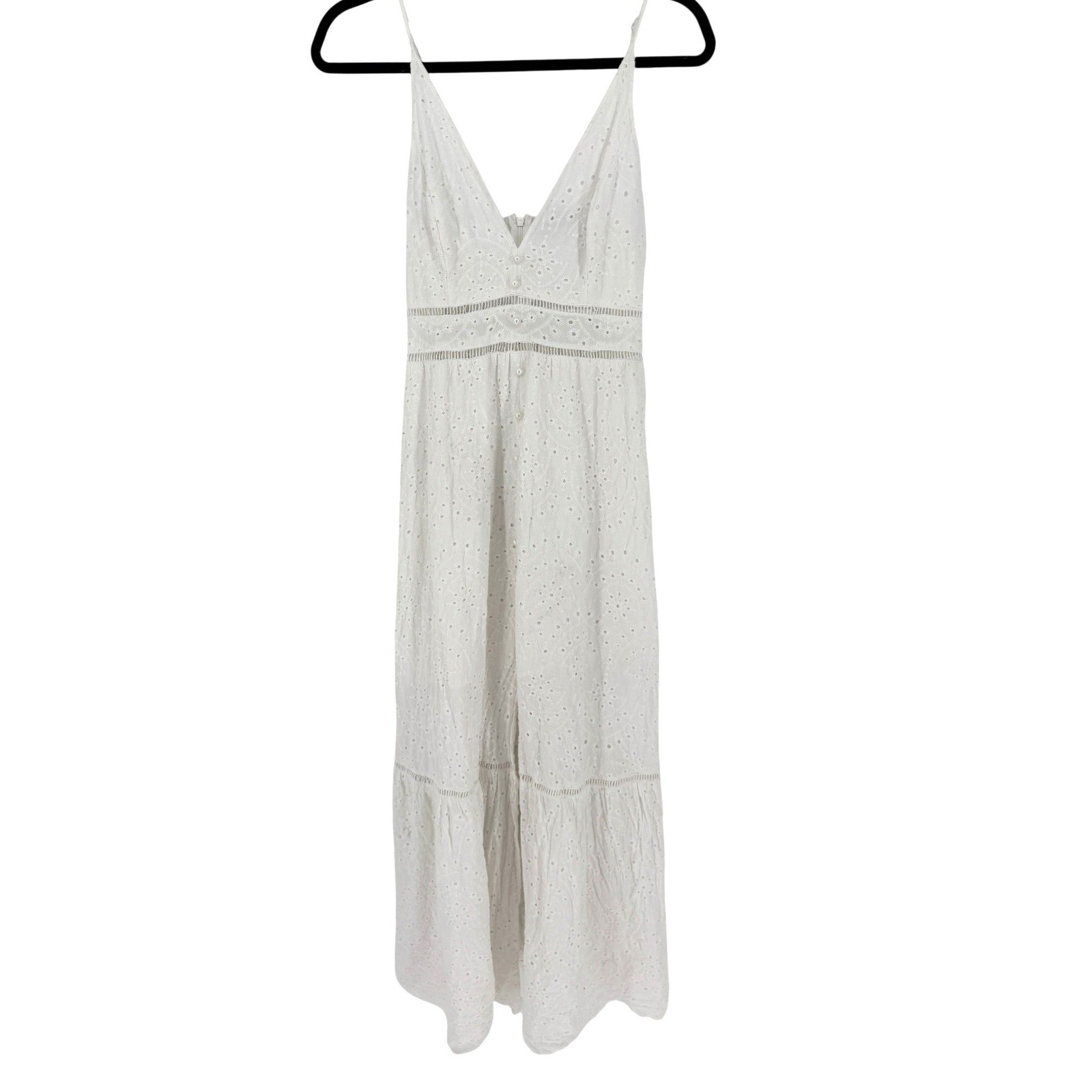 Simplee White Cotton Eyelet Maxi Dress Babydoll Boho Cottagecore V-Neck L Coast