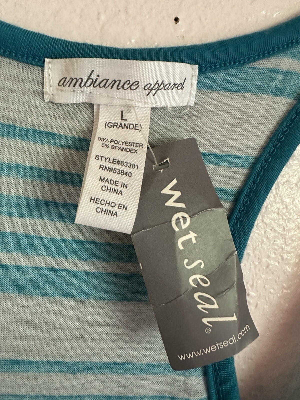 Ambiance Apparel Striped High Low Tank Dress Large Teal Gray Racerback NWT