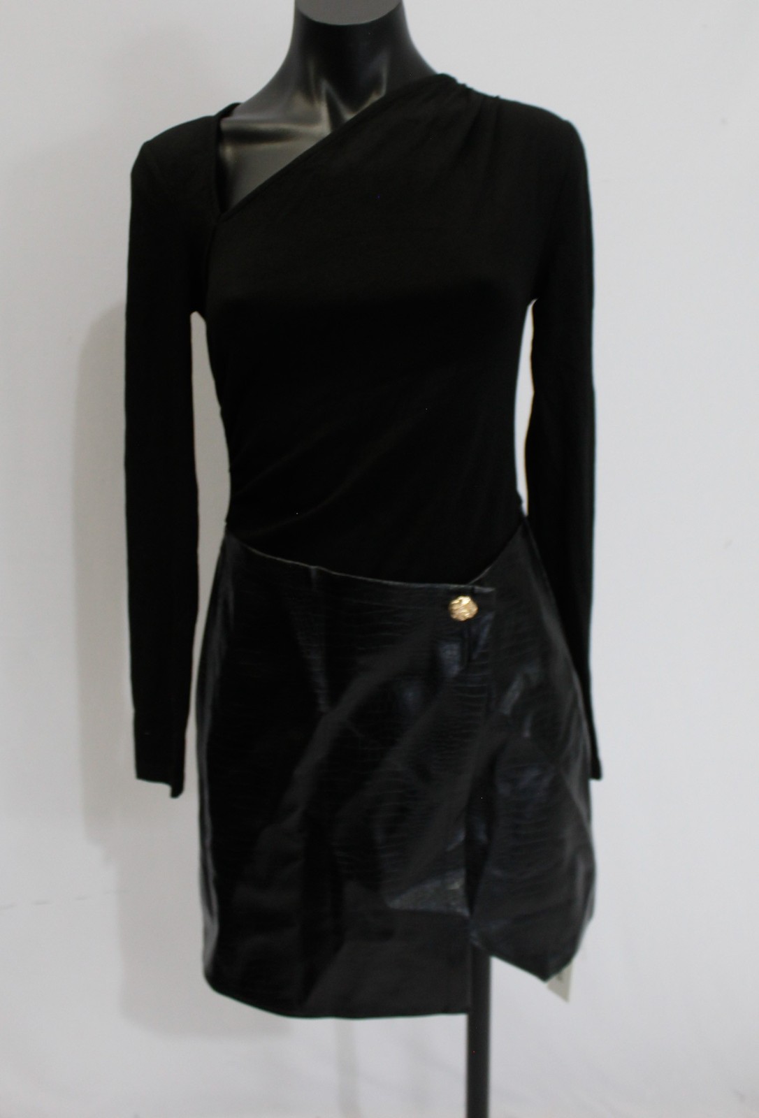 The Commense Women’s Faux Leather Paneled Knit Mini Dress MS7 Black Size XS NWT