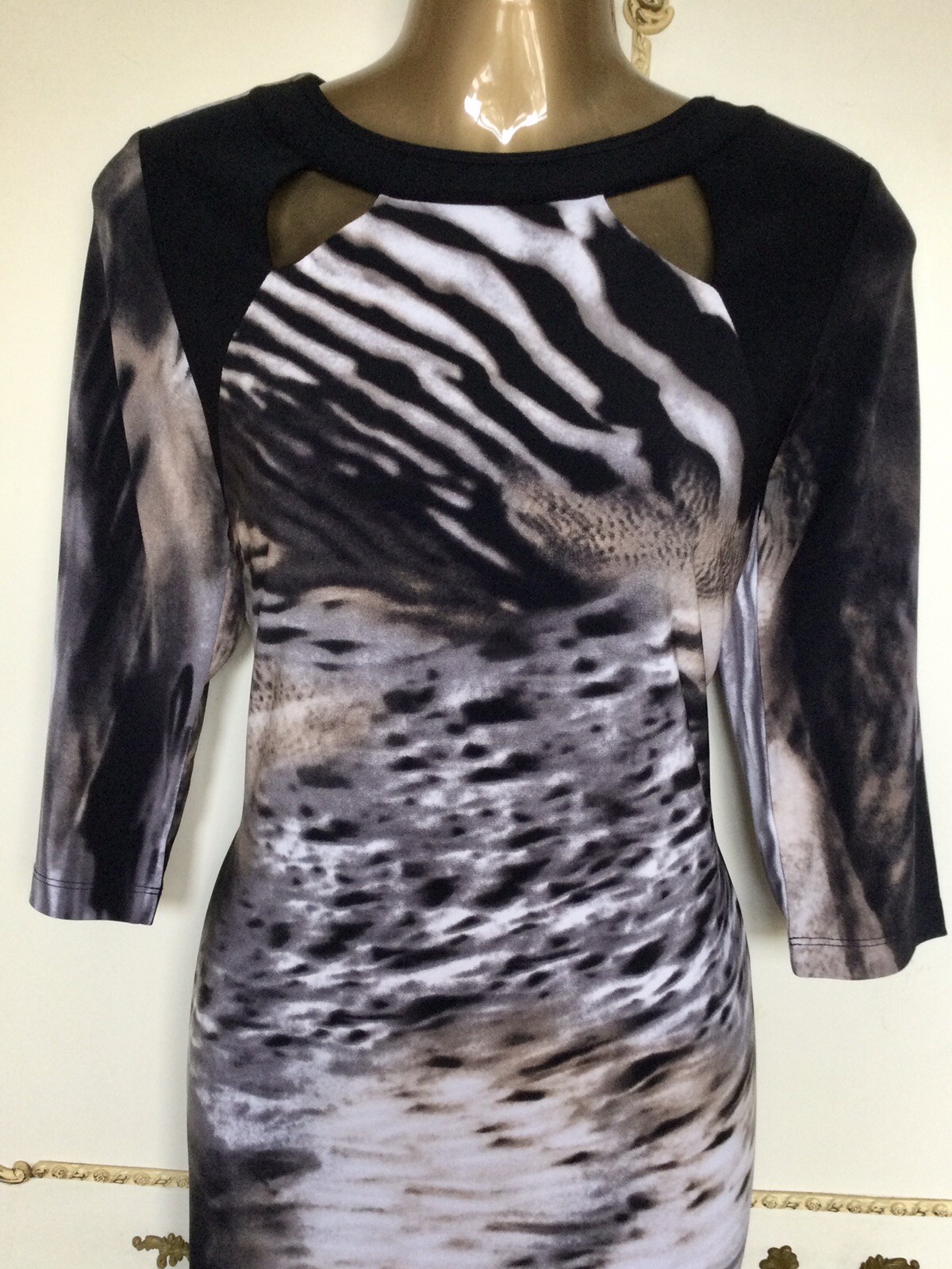 PICADILLY UK 10 Canadian Designer Black / Ivory Multi Print Dress NWT RRP £159