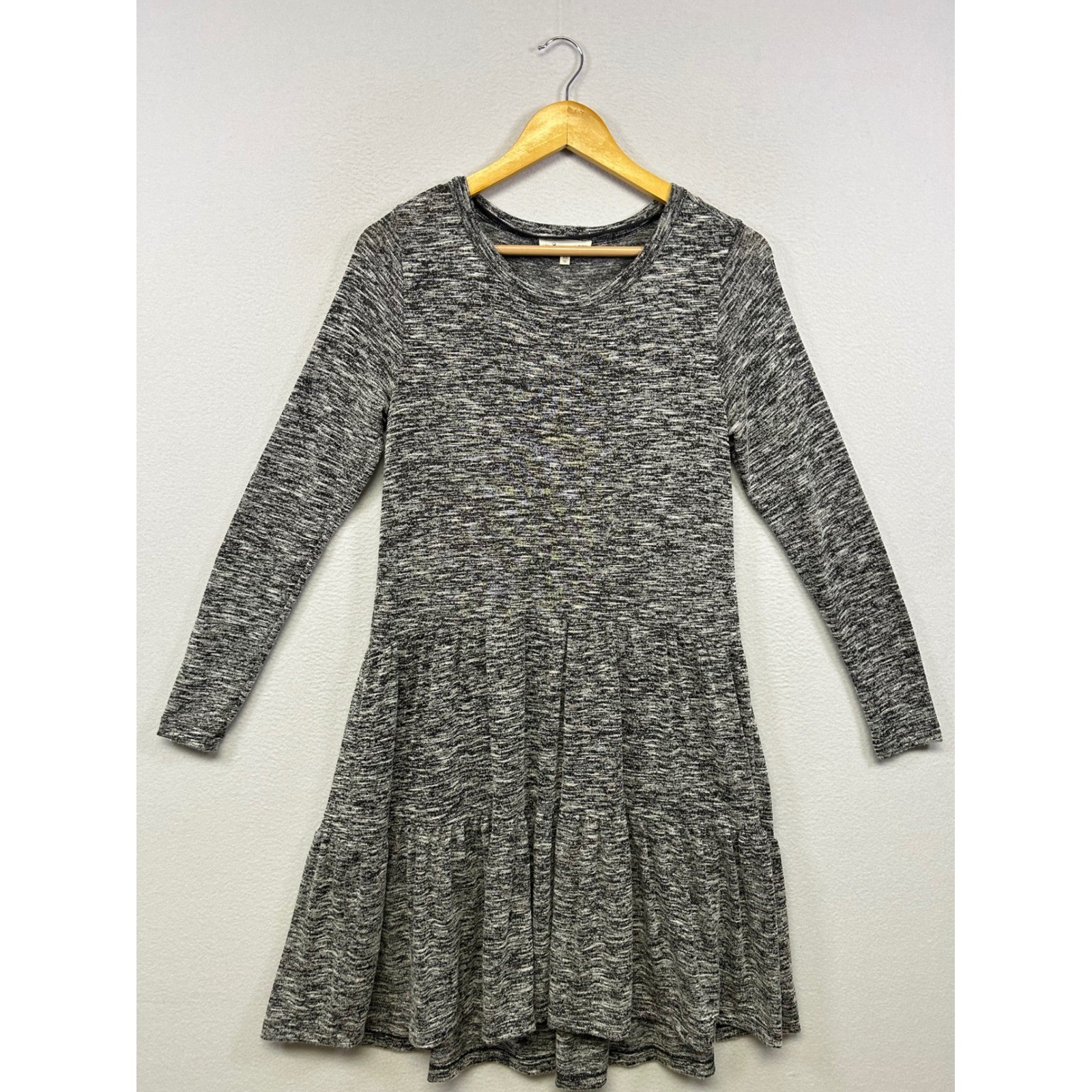 Lou & Grey Space Dye Tiered Knit Womens XS Grey Marled Long Sleeve Dress
