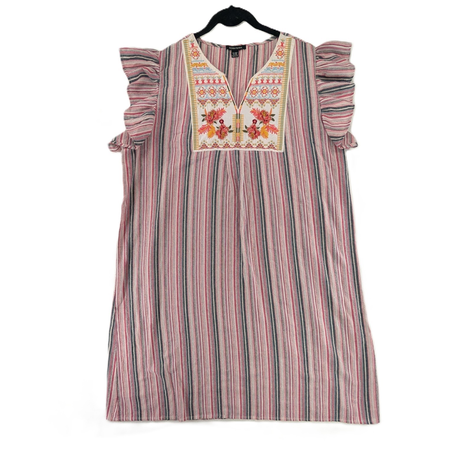 Mundo Terra Dress Womens Sz XL Shift Striped Embroidery Cotton Blend Boho Resort