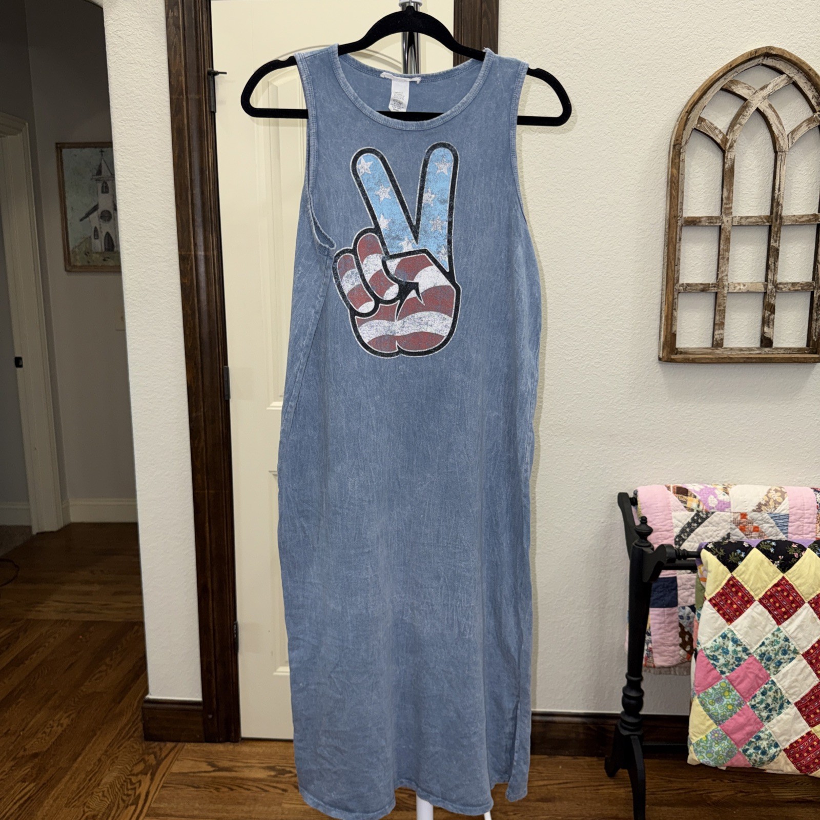 Caution to the Wind Tank Dress Peace Sign Blue Mineral Wash size Small #0158