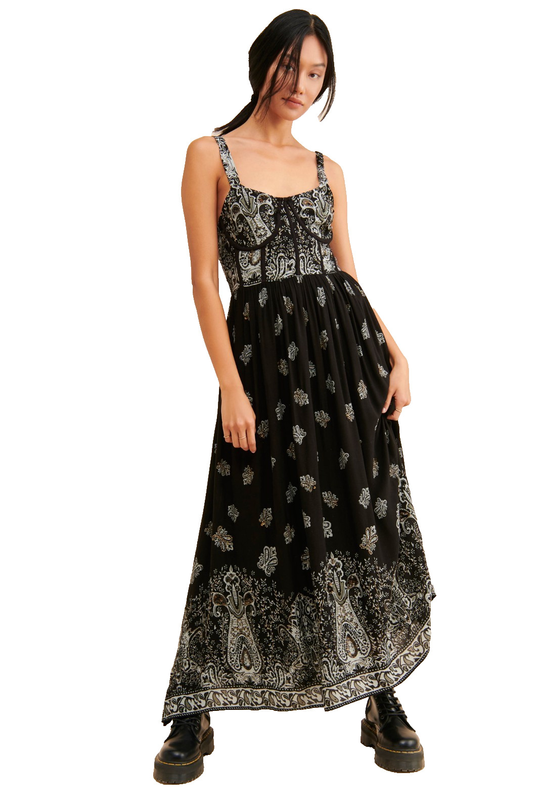 Anthropologie FOREVER THAT GIRL Beaded Corseted Paisley Maxi Dress Boho Goth M