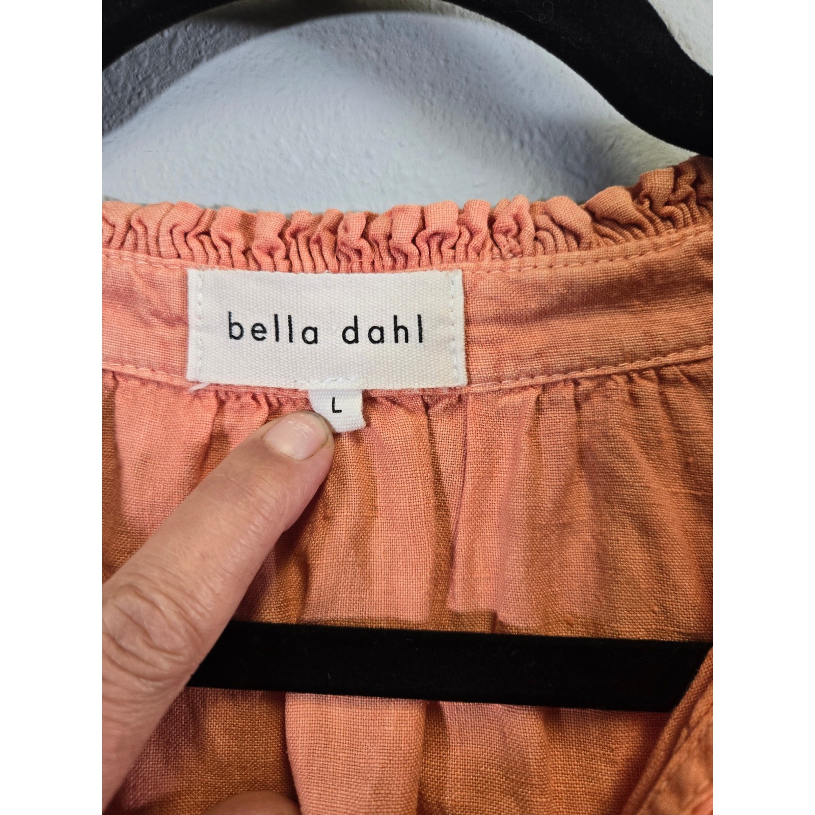 Bella Dahl Linen Boho Ruffle Tie Neck Elastic Waist Mini Dress Orange Large
