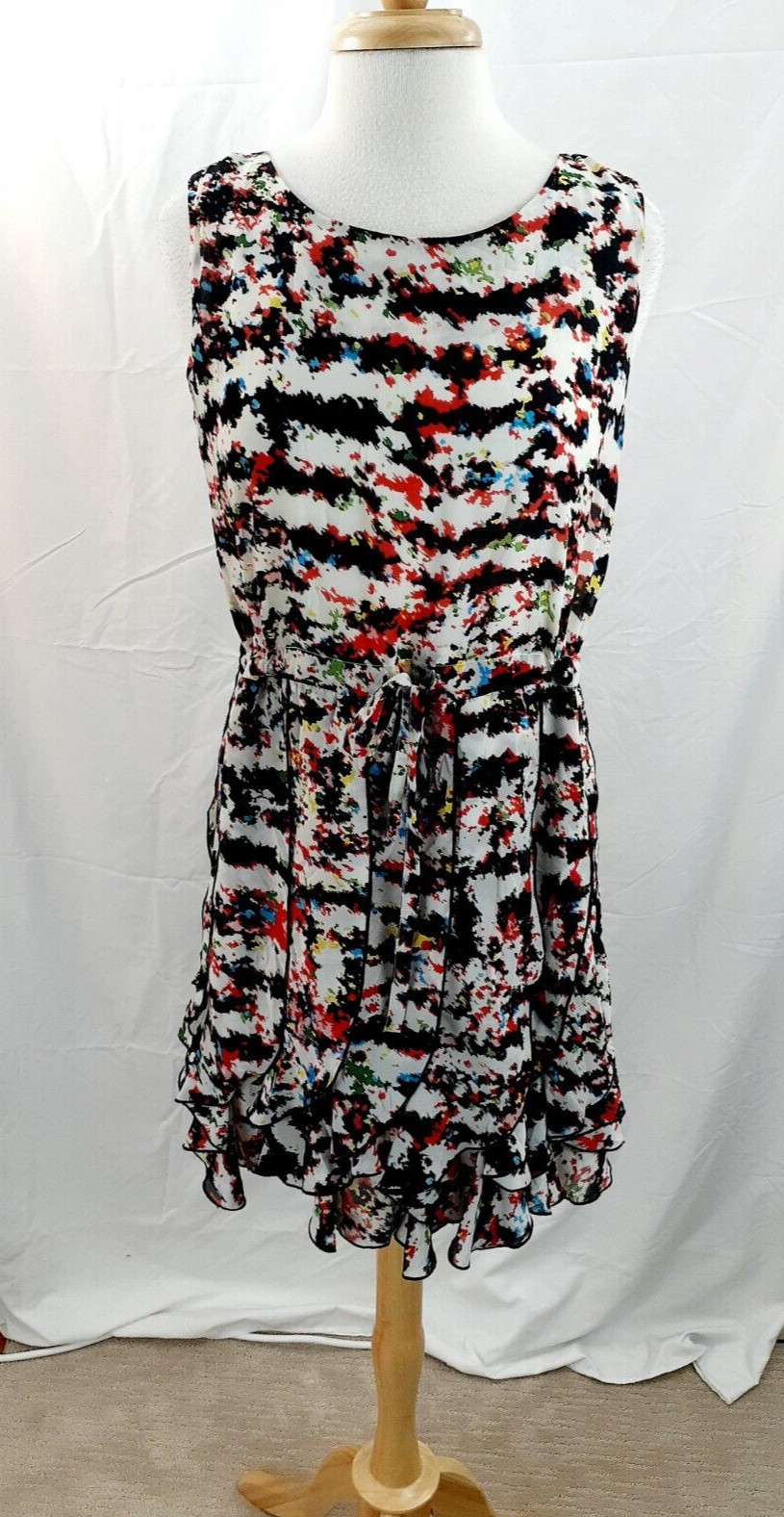Joy Joy Womens Sz S Dress Rainbow Geometric Ruffle A-Line Dress Boho Art To Wear