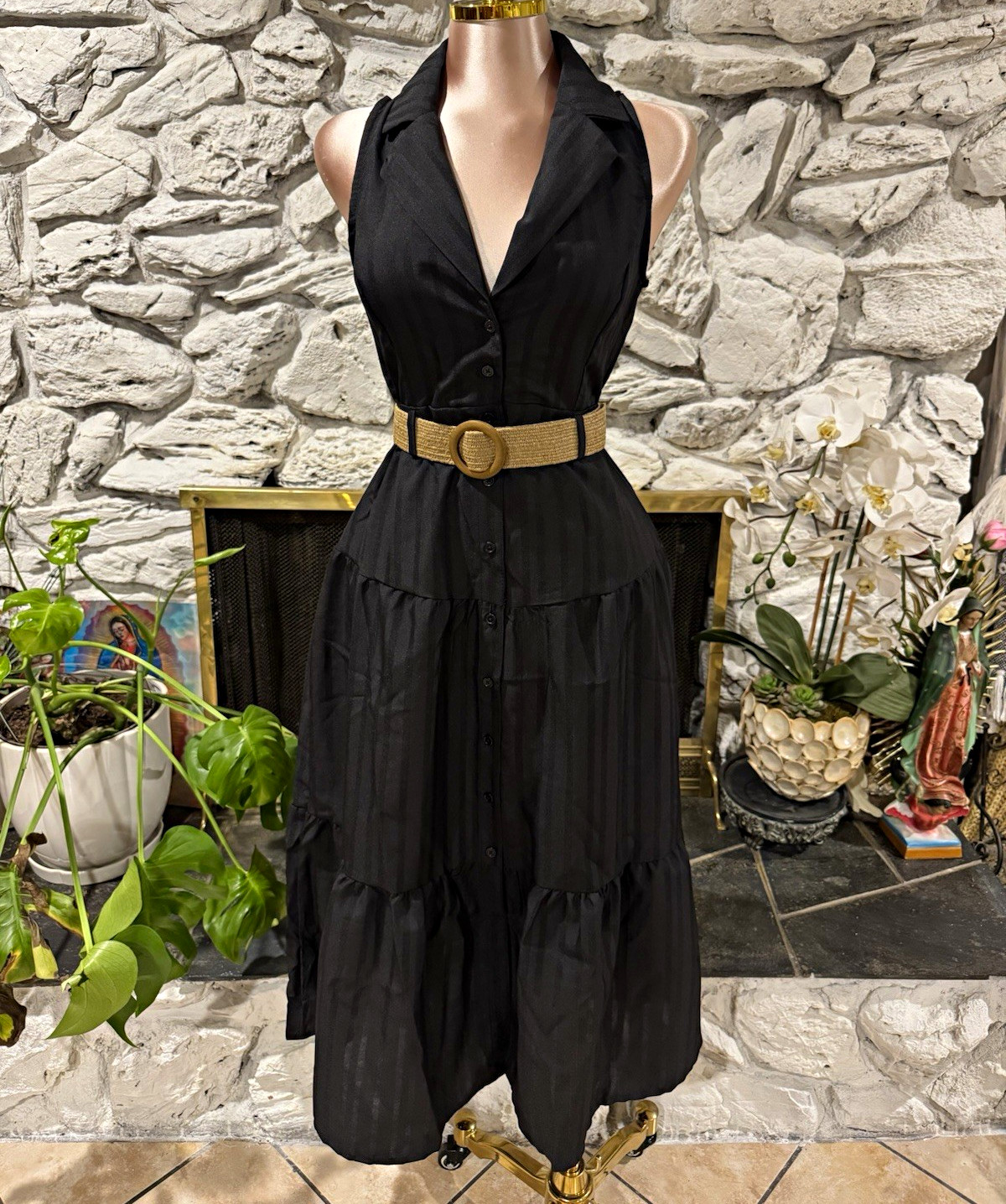 Black Solid Cotton Woven Midi Shirt A-Line Dress, Collared, Button Front, L