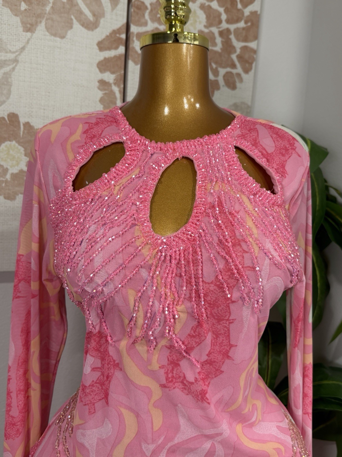 Women’s Pink Abstract Mesh Beaded Cutout Maxi Bodycon Dress L Long Sleeve