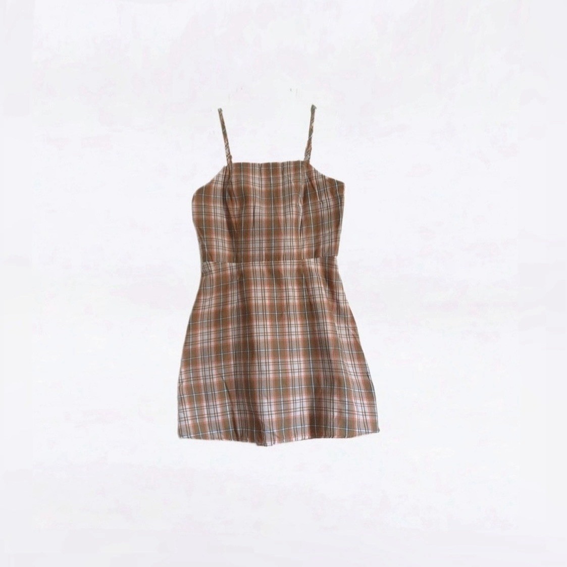 No Boundaries Tan White Orange Blue Plaid Mini Sleeveless Pinafore Dress Size M