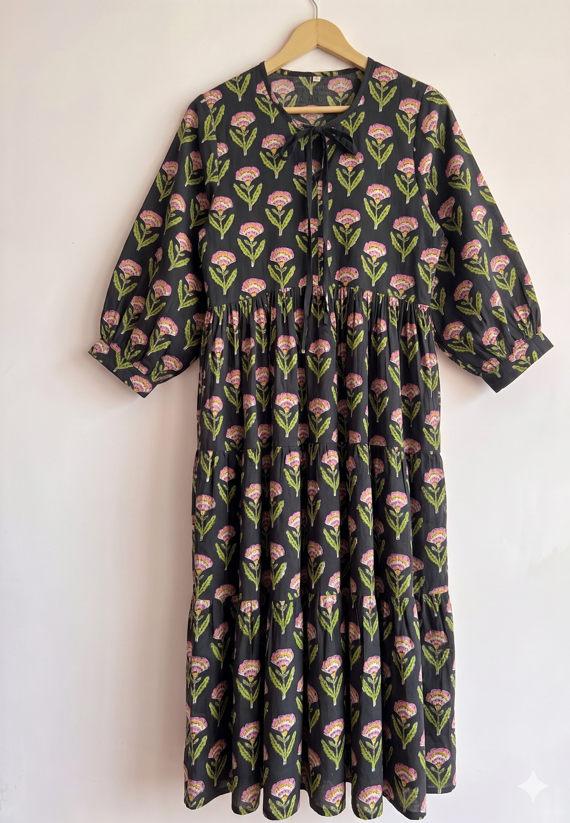 Cotton Dress for Women’s Floral Printed Ethnic Summer Dressing Gown (Black)