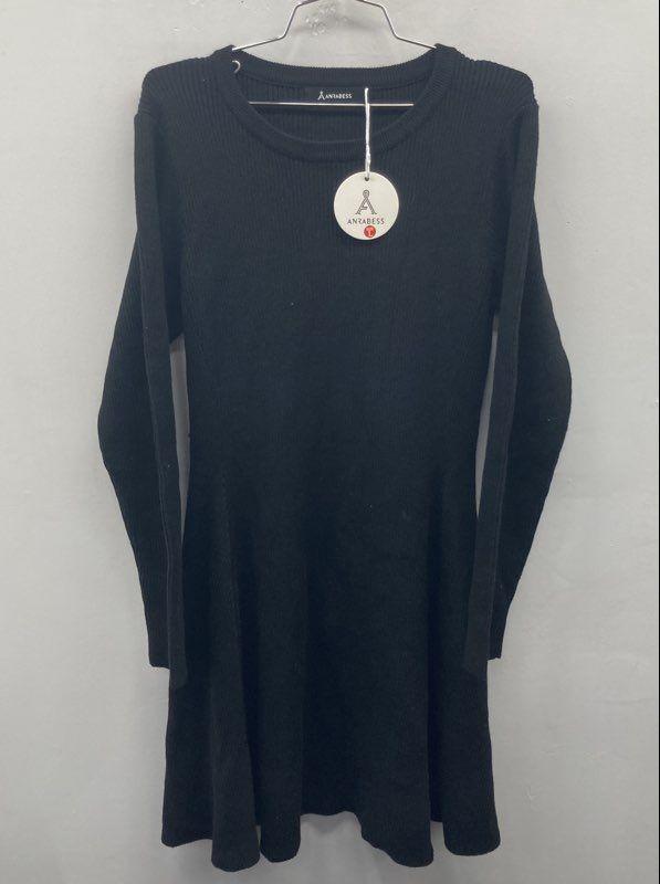 ANRABESS Women’s Black Ribbed Knit Fit and Flare Sweater Dress Sz L NWT