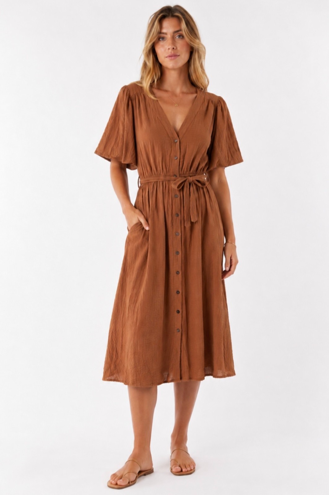 NEW Preview Cotton Gauze Midi Dress Brown Puff Sleeve Button Front Belted Size 6