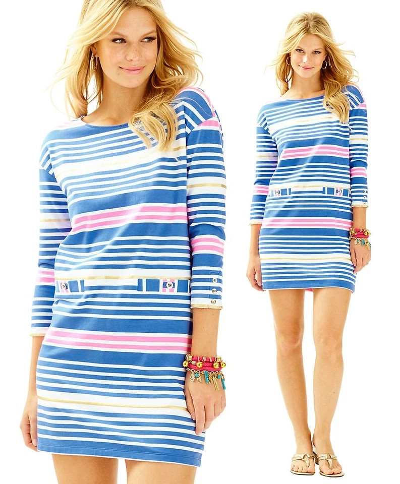 LILLY PULITZER Lena Shift Dress Lapis Blue Pink Gold Tiki Stripe Resortwear MED