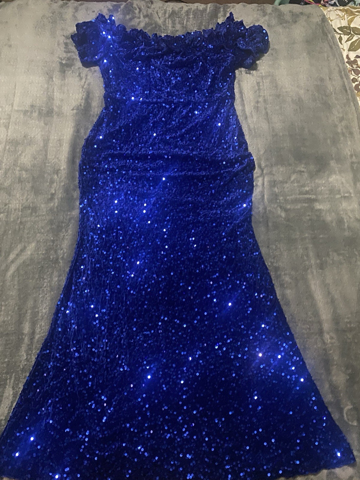 Dasmzper Blue Sequin Off Shoulder Bodycon Dress XL Ruffle Sleeve Zip Long