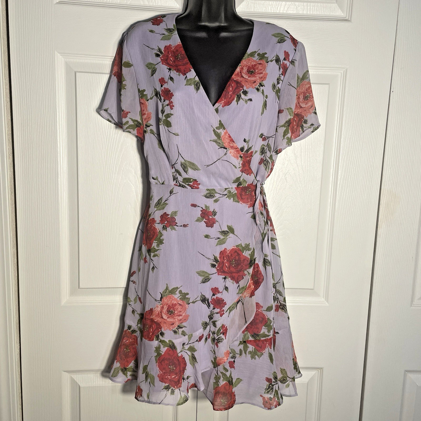 All In Favor Floral Wrap Dress Women L Purple Ruffle Rose Fairycore Cottagecore