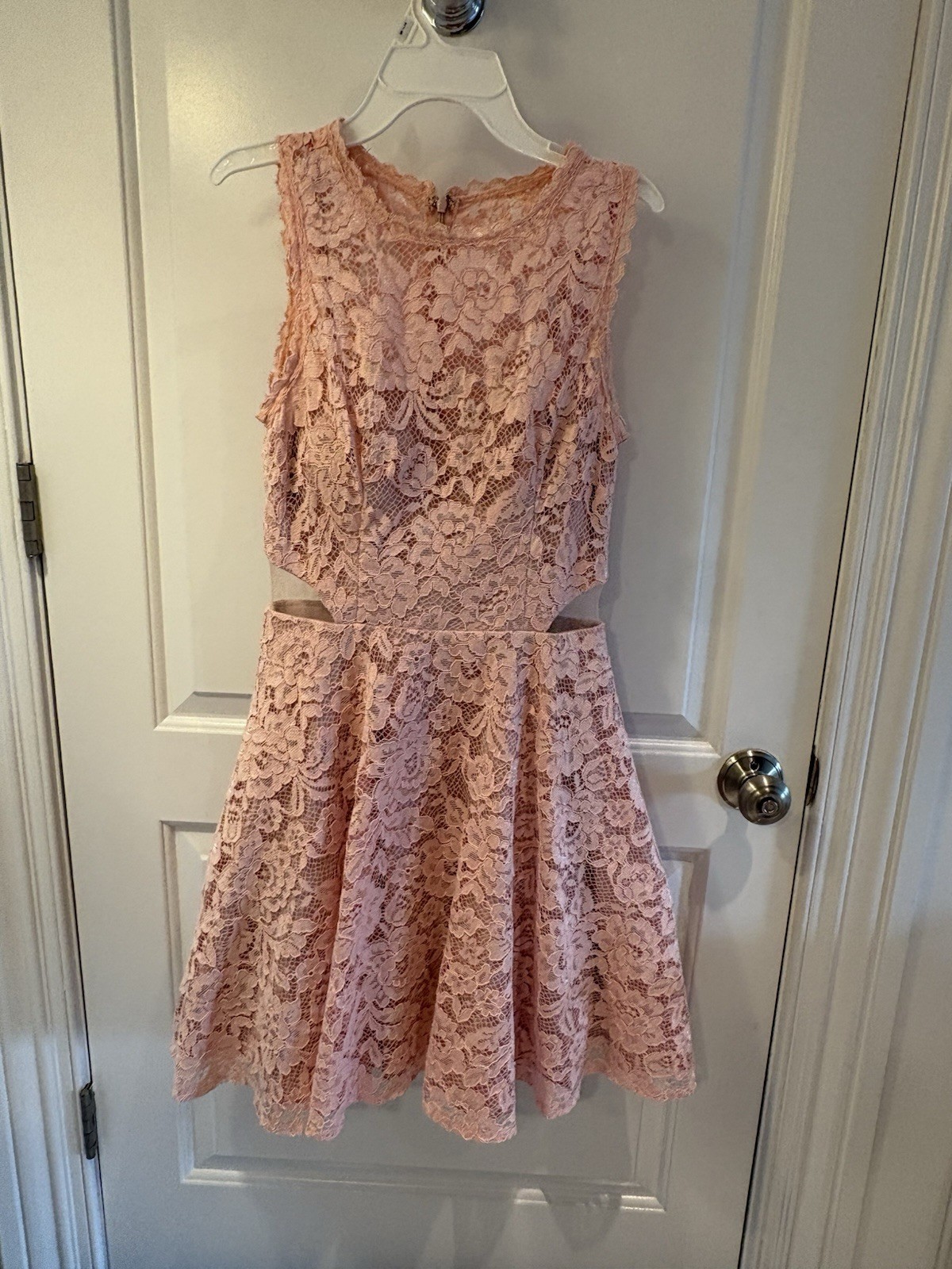 Pink Floral Lace Fit & Flare Short Dress, Sleeveless, Round Neck. Brand: Xscape