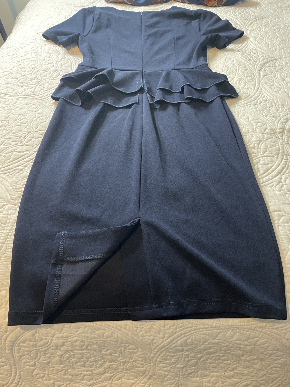 Alivire Blue Solid Sheath Peplum Midi Dress, Short Sleeve, Zip, Button
