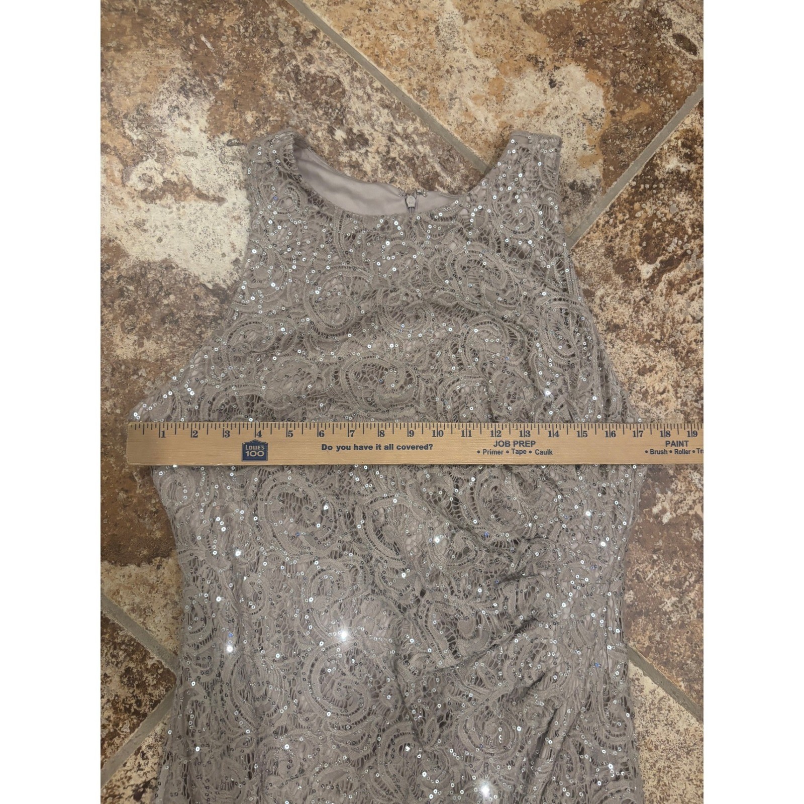 Alex Evenings Gown Womens 16 Taupe Sequin Lace Sleeveless Side Slit Formal Dress