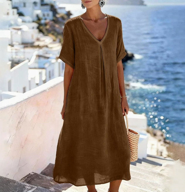 Ladies Solid V Neck Short Sleeve Cotton Linen Long Dress Loose Fit Casual Dress