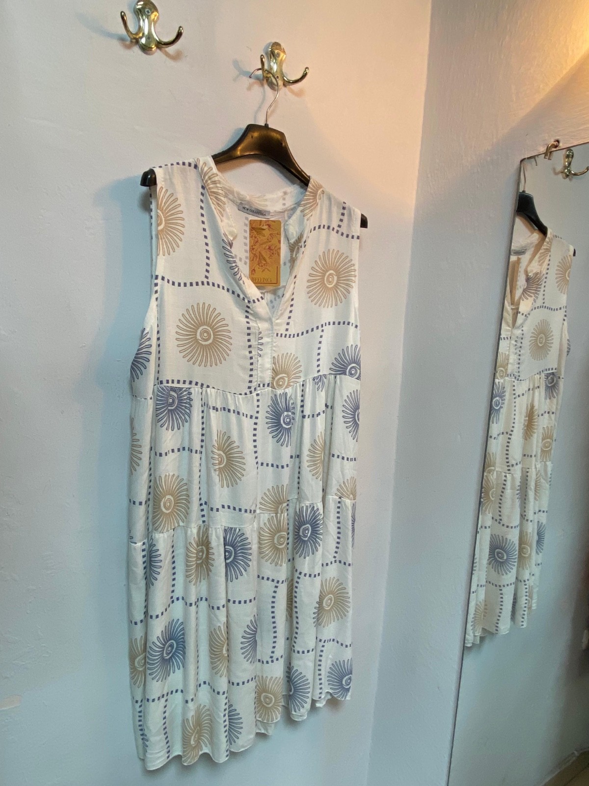Boho White Blue Beige Sunflower Print Sleeveless Tiered Midi Dress V-Neck BNWT